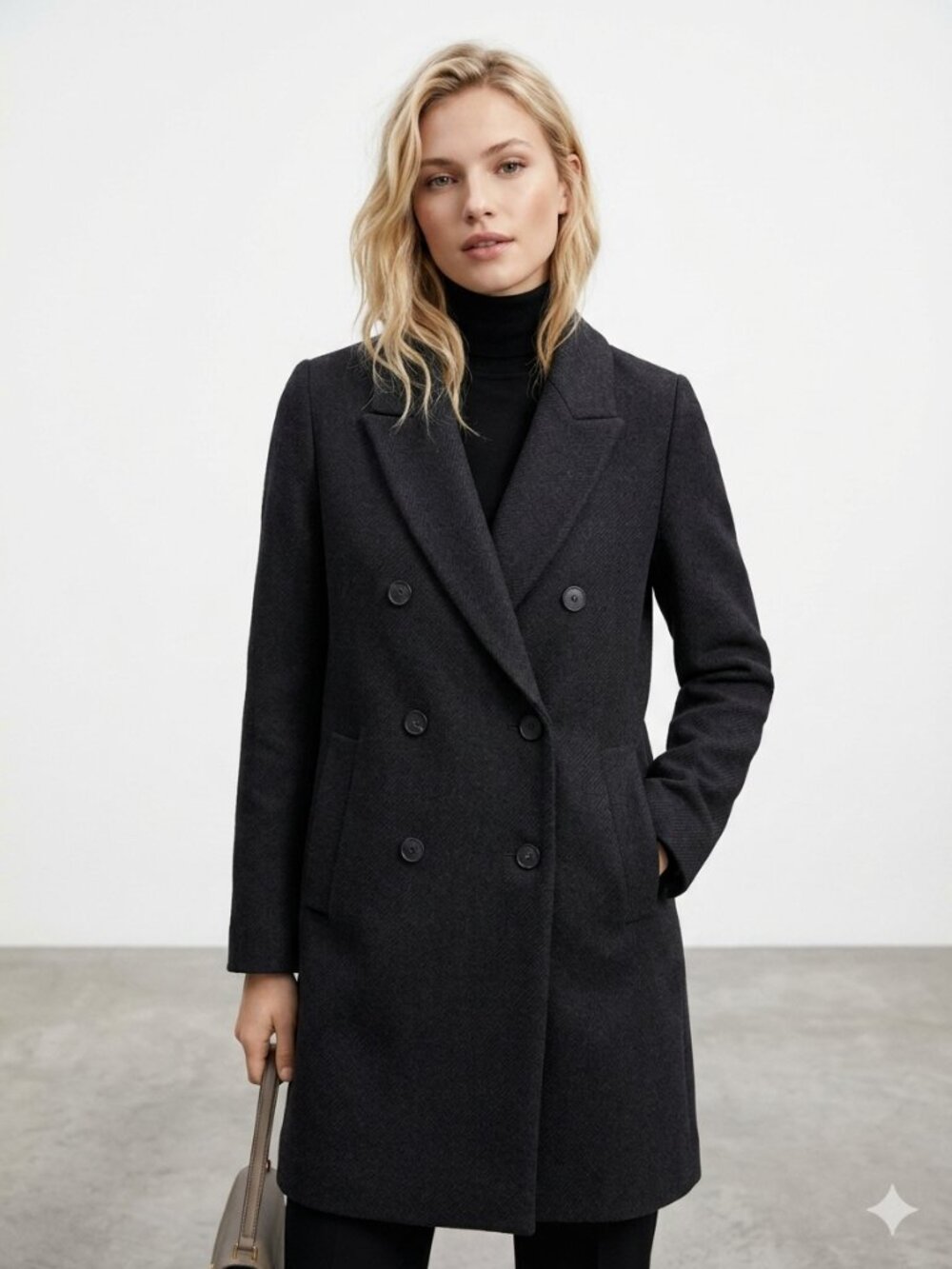 ZARA Black Double-Breasted Wood Blend Coat